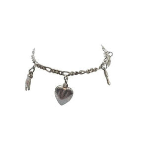 925 Sterling Silver Multi Charm Heart Key Horn Bracelet Spring Ring Closure VTG